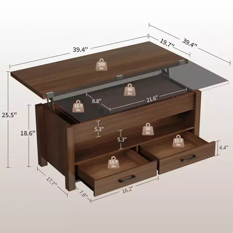 Table basse à plateau relevable, Grande table basse avec compartiment caché, Table basse de rangement pour salon, Design moderne
