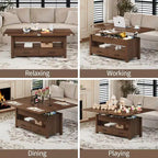 Table basse à plateau relevable, Grande table basse avec compartiment caché, Table basse de rangement pour salon, Design moderne