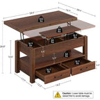 Table basse à plateau relevable, Grande table basse avec compartiment caché, Table basse de rangement pour salon, Design moderne