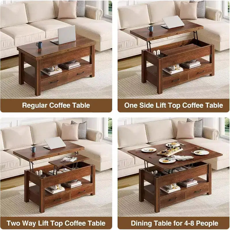 Table basse à plateau relevable, Grande table basse avec compartiment caché, Table basse de rangement pour salon, Design moderne