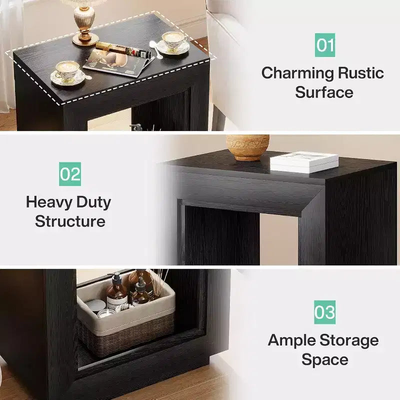 Table d'appoint rustique en bois Lantine : table de chevet carrée à 2 niveaux avec étagère de rangement, style industriel, pour salon/entrée, marron rustique/noir.