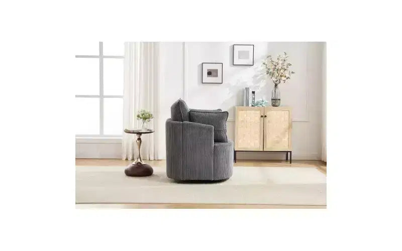 Fauteuil pivotant avec dossier incurvé et structure en bois massif, fauteuil rond rembourré pour salon, chambre, bureau.