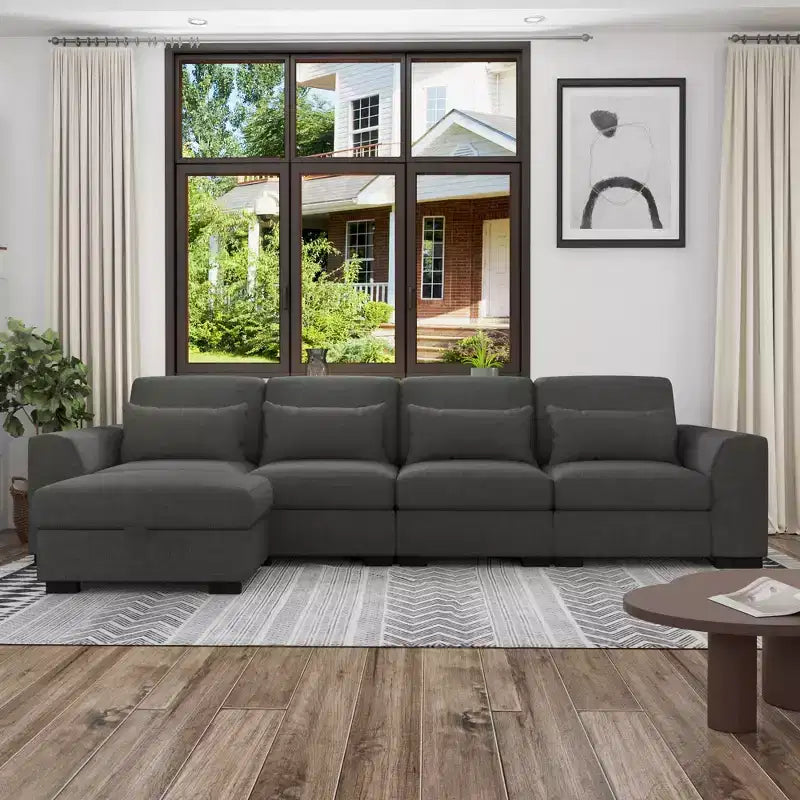 Canapé d'angle modulable moderne en tissu GDFStudio Beulah 130 avec pouf de rangement