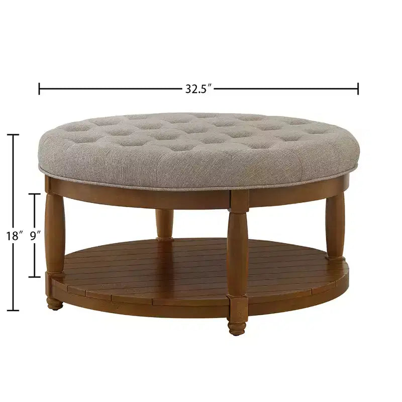 GDFStudio Damien, pouf ottoman rond moderne en bois, rembourré en lin, capitonné avec étagère de rangement