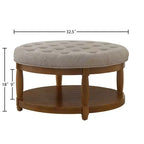 GDFStudio Damien, pouf ottoman rond moderne en bois, rembourré en lin, capitonné avec étagère de rangement