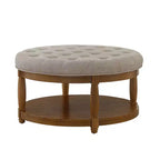 GDFStudio Damien, pouf ottoman rond moderne en bois, rembourré en lin, capitonné avec étagère de rangement