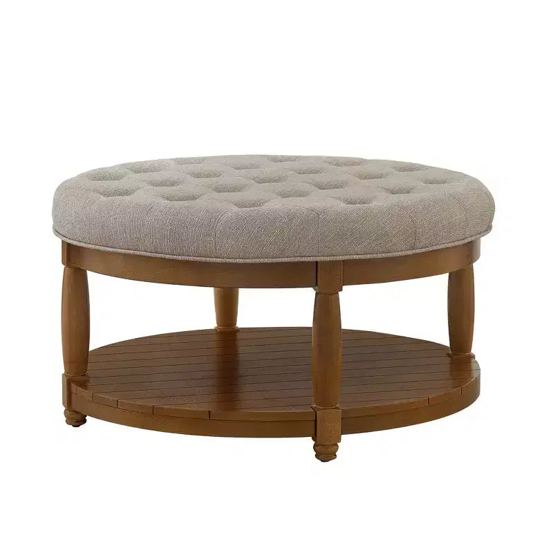 GDFStudio Damien, pouf ottoman rond moderne en bois, rembourré en lin, capitonné avec étagère de rangement