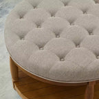 GDFStudio Damien, pouf ottoman rond moderne en bois, rembourré en lin, capitonné avec étagère de rangement