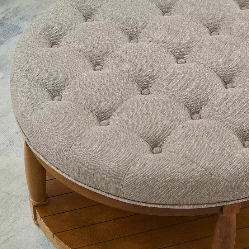 GDFStudio Damien, pouf ottoman rond moderne en bois, rembourré en lin, capitonné avec étagère de rangement