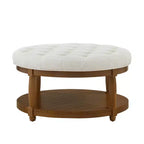 GDFStudio Damien, pouf ottoman rond moderne en bois, rembourré en lin, capitonné avec étagère de rangement