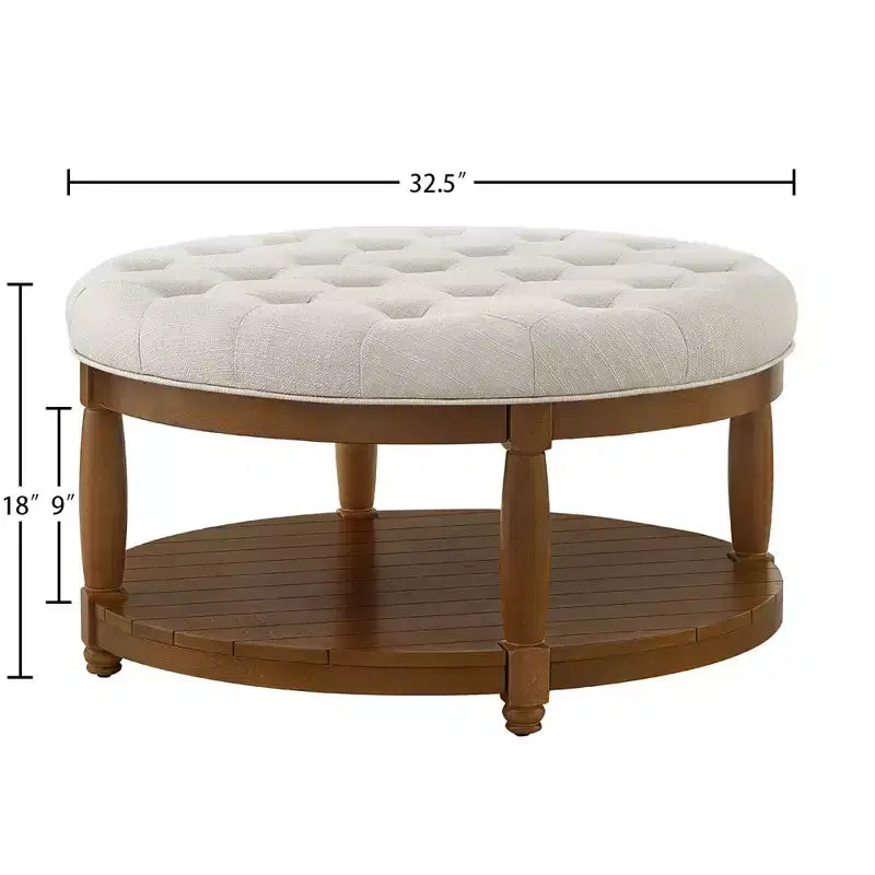 GDFStudio Damien, pouf ottoman rond moderne en bois, rembourré en lin, capitonné avec étagère de rangement