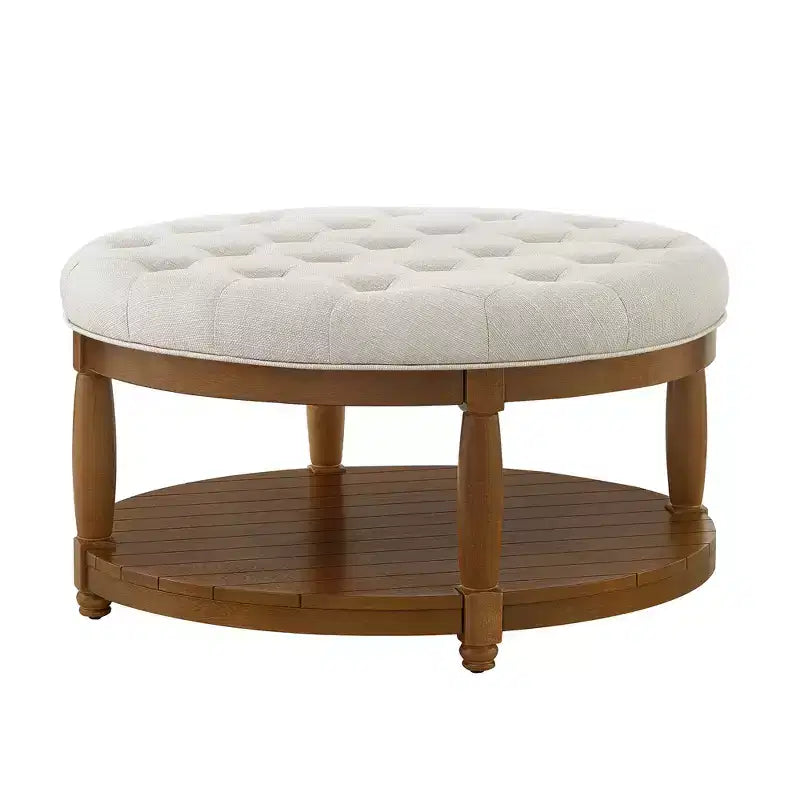 GDFStudio Damien, pouf ottoman rond moderne en bois, rembourré en lin, capitonné avec étagère de rangement