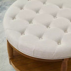 GDFStudio Damien, pouf ottoman rond moderne en bois, rembourré en lin, capitonné avec étagère de rangement