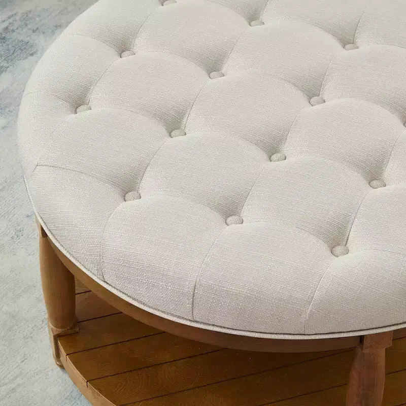 GDFStudio Damien, pouf ottoman rond moderne en bois, rembourré en lin, capitonné avec étagère de rangement