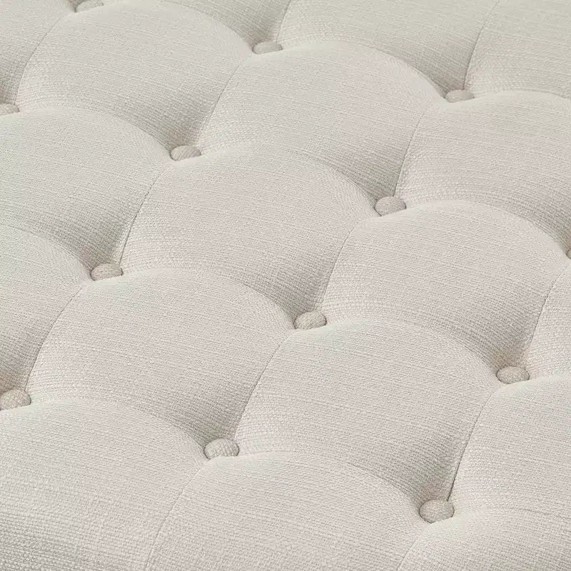 GDFStudio Damien, pouf ottoman rond moderne en bois, rembourré en lin, capitonné avec étagère de rangement