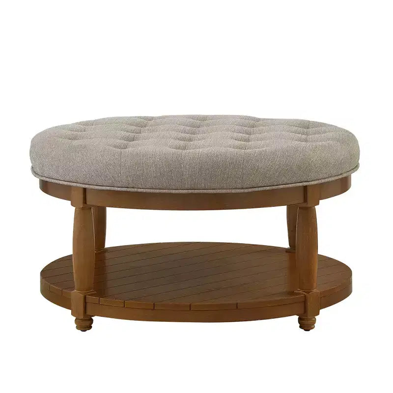 GDFStudio Damien, pouf ottoman rond moderne en bois, rembourré en lin, capitonné avec étagère de rangement