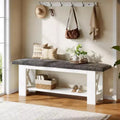 Lantine 47 Farmhouse Entryway Bench with Padded Cushion, 2-Tier Wooden Shoe Rack Storage Organizer Seat for Hallway, Living Room, Bedroom