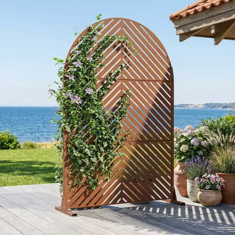 Dovelina 72H x 47W - Panneaux de clôture autoportants en métal cintré pour l'intimité, couleur marron, pour jardin, patio, terrasse