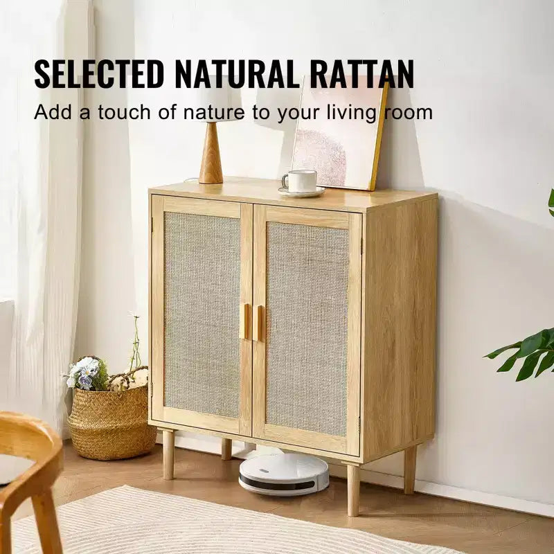 Meuble bas en rotin, Armoire de rangement en rotin avec 2 portes magnétiques et étagères réglables, Buffet pour couloir, entrée