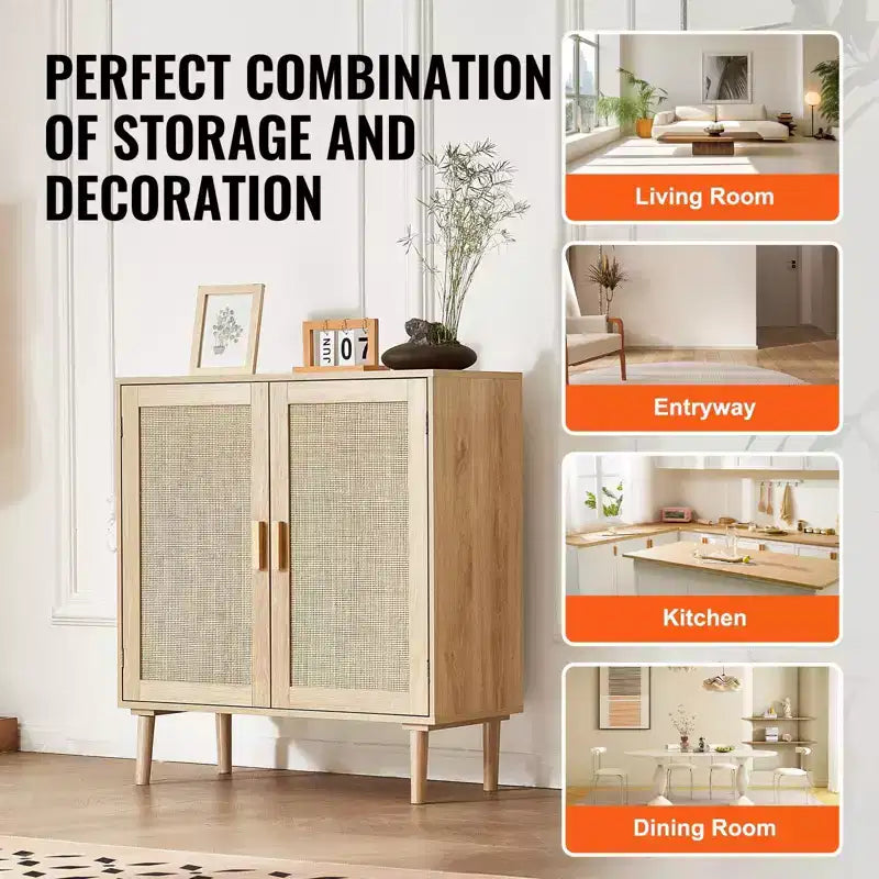 Meuble bas en rotin, Armoire de rangement en rotin avec 2 portes magnétiques et étagères réglables, Buffet pour couloir, entrée