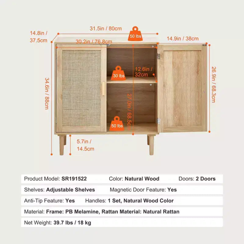 Meuble bas en rotin, Armoire de rangement en rotin avec 2 portes magnétiques et étagères réglables, Buffet pour couloir, entrée