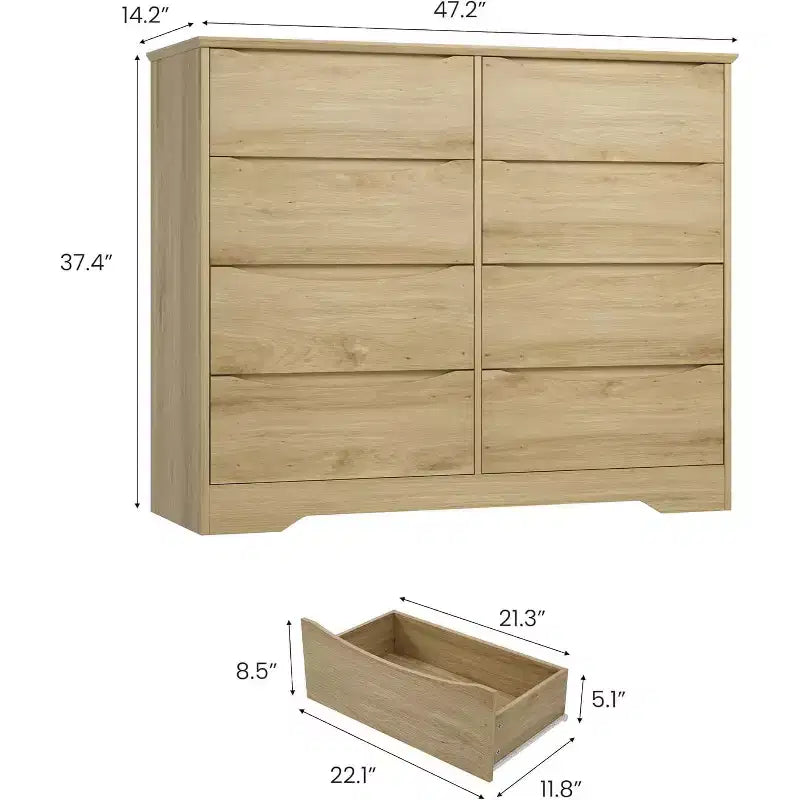 Commode en bois à 8 tiroirs, armoire moderne avec rangement profond, grande commode avec plateau large, longue commode de rangement pour chambre à coucher, salon.