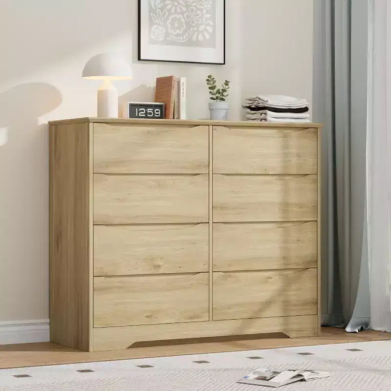 Commode en bois à 8 tiroirs, armoire moderne avec rangement profond, grande commode avec plateau large, longue commode de rangement pour chambre à coucher, salon.