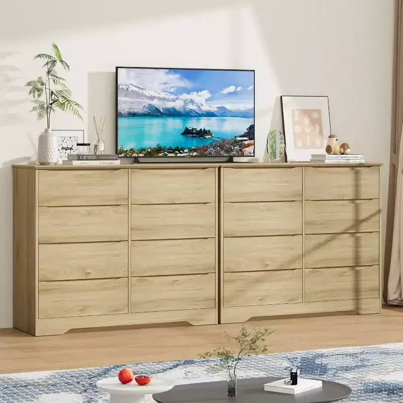 Commode en bois à 8 tiroirs, armoire moderne avec rangement profond, grande commode avec plateau large, longue commode de rangement pour chambre à coucher, salon.