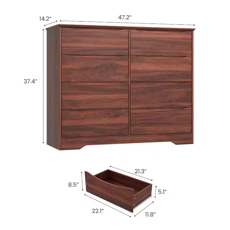 Commode en bois à 8 tiroirs, armoire moderne avec rangement profond, grande commode avec plateau large, longue commode de rangement pour chambre à coucher, salon.