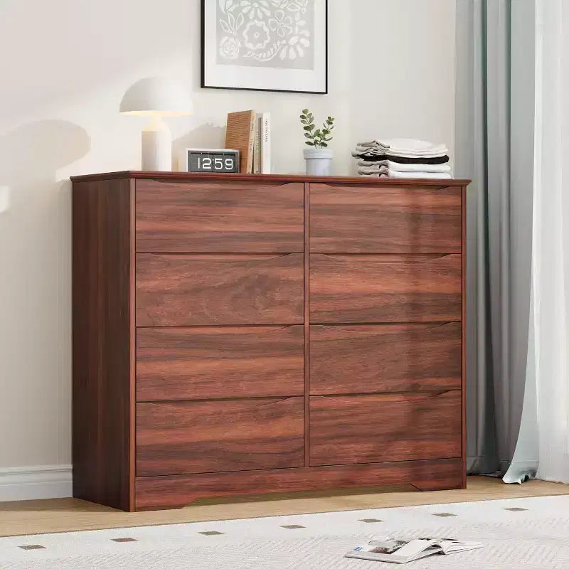 Commode en bois à 8 tiroirs, armoire moderne avec rangement profond, grande commode avec plateau large, longue commode de rangement pour chambre à coucher, salon.