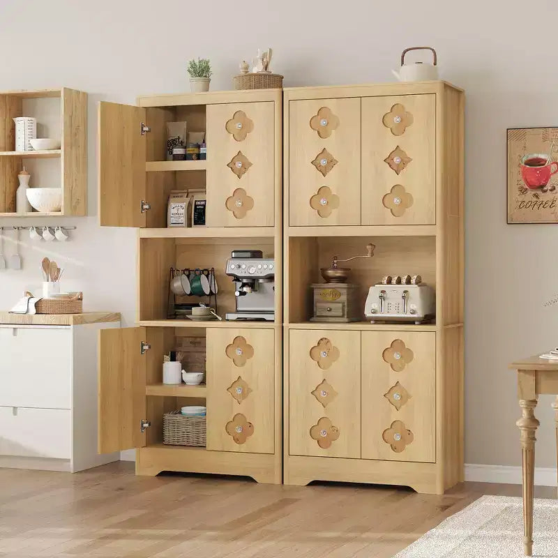 Meuble de cuisine de 183 cm avec porte sculptée, meuble de rangement de cuisine avec étagère pour micro-ondes, buffet en bois avec poignée en cristal pour salle à manger