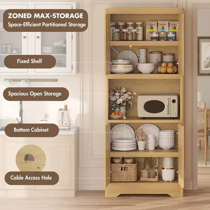 Meuble de cuisine de 183 cm avec porte sculptée, meuble de rangement de cuisine avec étagère pour micro-ondes, buffet en bois avec poignée en cristal pour salle à manger