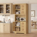 Meuble de cuisine de 183 cm avec porte sculptée, meuble de rangement de cuisine avec étagère pour micro-ondes, buffet en bois avec poignée en cristal pour salle à manger