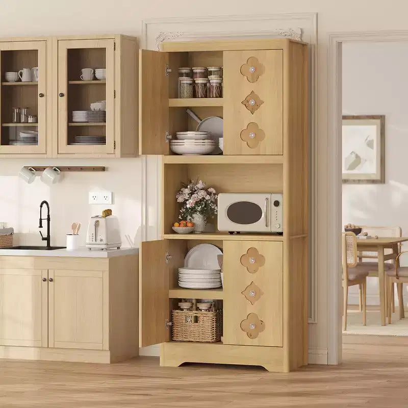 Meuble de cuisine de 183 cm avec porte sculptée, meuble de rangement de cuisine avec étagère pour micro-ondes, buffet en bois avec poignée en cristal pour salle à manger