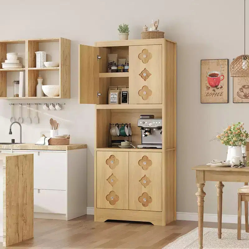 Meuble de cuisine de 183 cm avec porte sculptée, meuble de rangement de cuisine avec étagère pour micro-ondes, buffet en bois avec poignée en cristal pour salle à manger