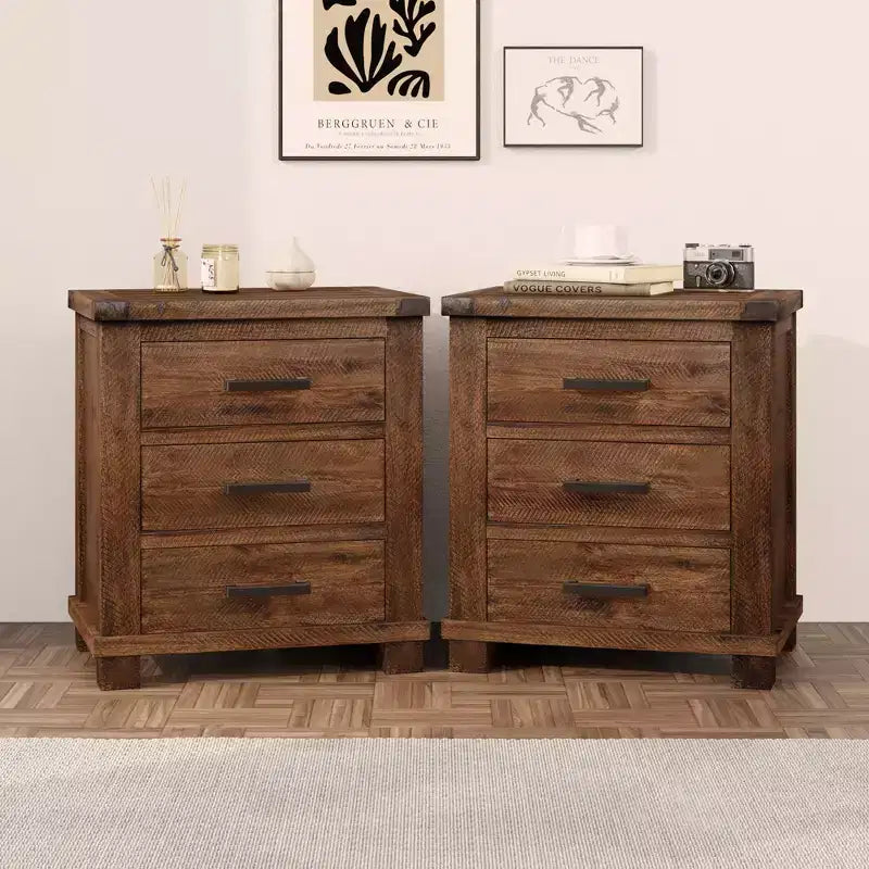 Farmhouse Nightstand 3-Drawer Reclaimed Solid Wood Set of 2 (BS531408AAD)