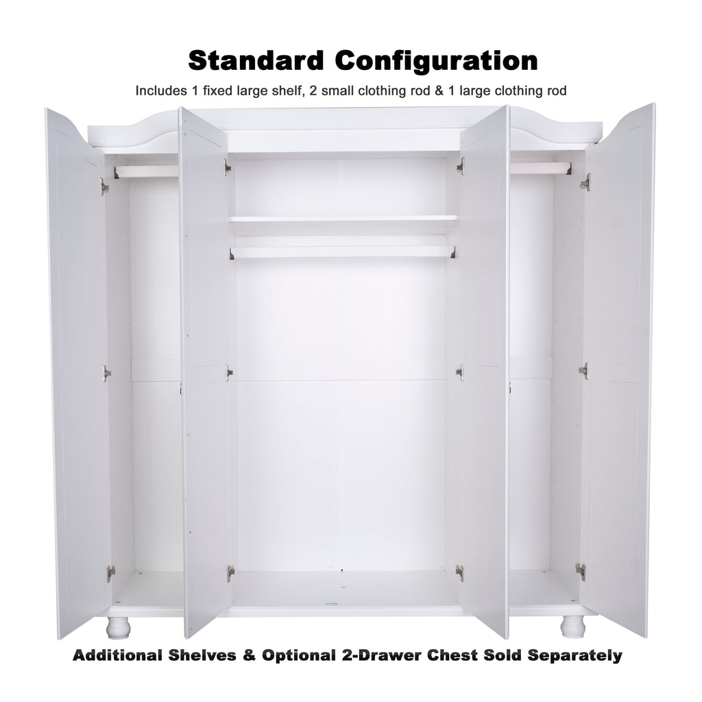 Palace Imports Kyle Armoire 4 portes 100 % en bois massif avec portes en bois massif ou portes miroir