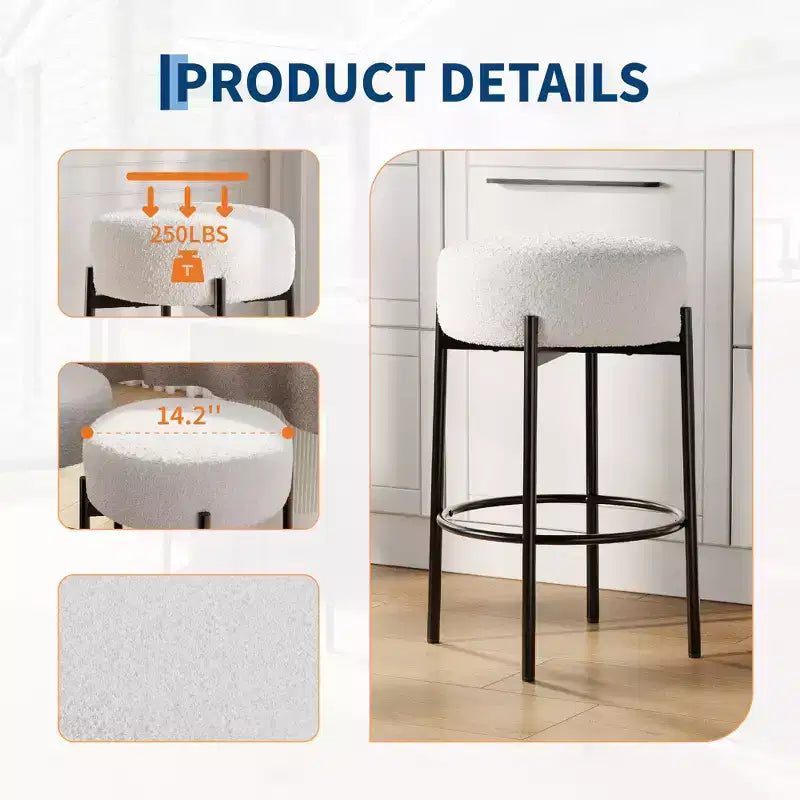 Lot de 2 tabourets de bar modernes hauteur comptoir 61 cm avec assise souple, sans dossier et pieds en métal pour îlot de cuisine, bar ou salle à manger