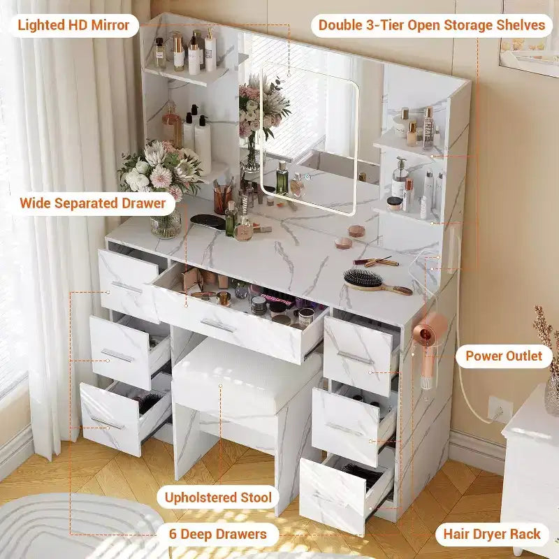 Coiffeuse avec miroir et chaise, 7 tiroirs, support sèche-cheveux, pour chambre à coucher, maison