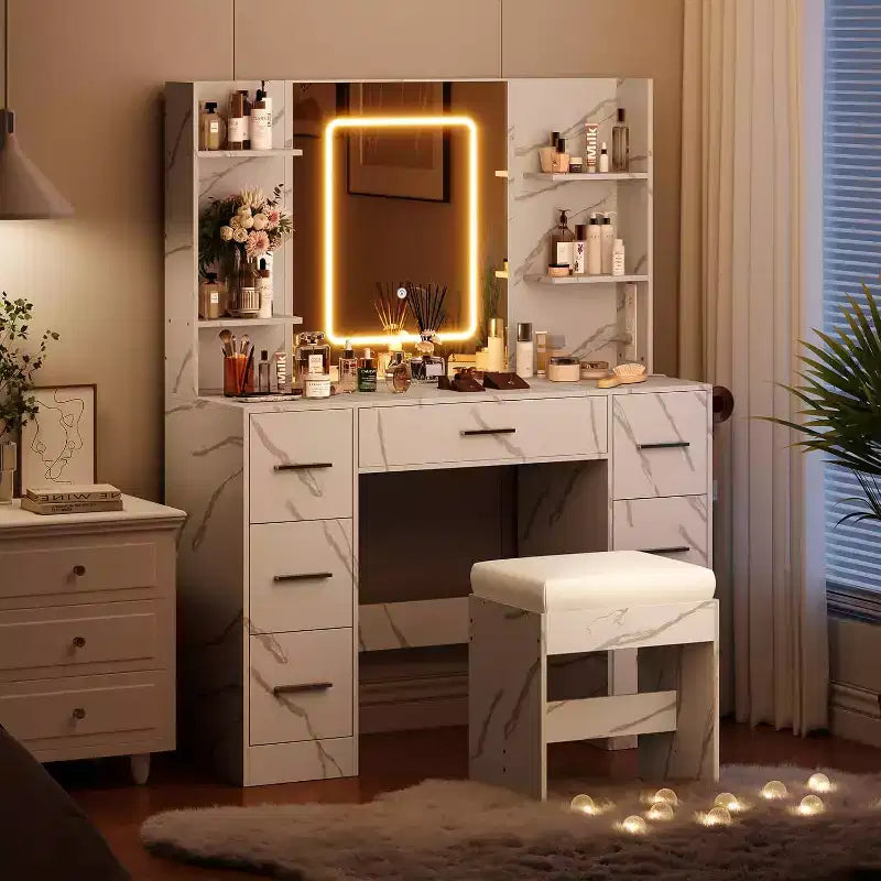 Coiffeuse avec miroir et chaise, 7 tiroirs, support sèche-cheveux, pour chambre à coucher, maison