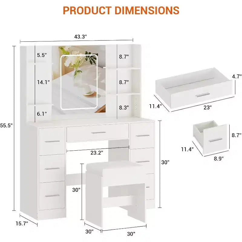 Coiffeuse avec miroir et chaise, 7 tiroirs, support sèche-cheveux, pour chambre à coucher, maison