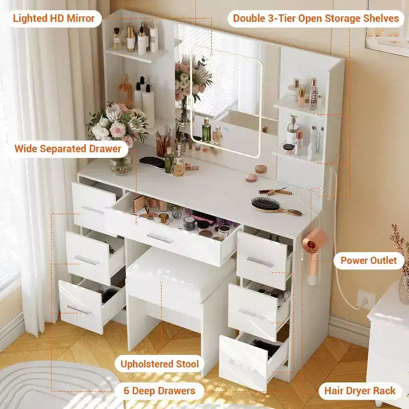 Coiffeuse avec miroir et chaise, 7 tiroirs, support sèche-cheveux, pour chambre à coucher, maison