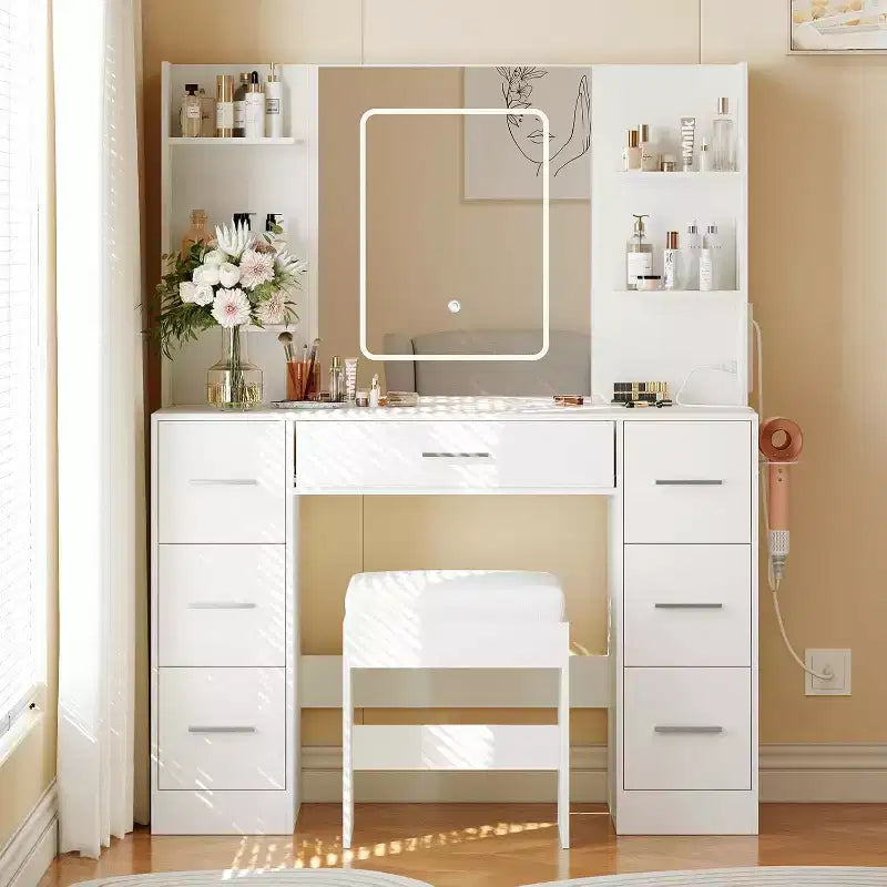 Coiffeuse avec miroir et chaise, 7 tiroirs, support sèche-cheveux, pour chambre à coucher, maison