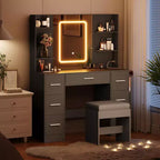Coiffeuse avec miroir et chaise, 7 tiroirs, support sèche-cheveux, pour chambre à coucher, maison