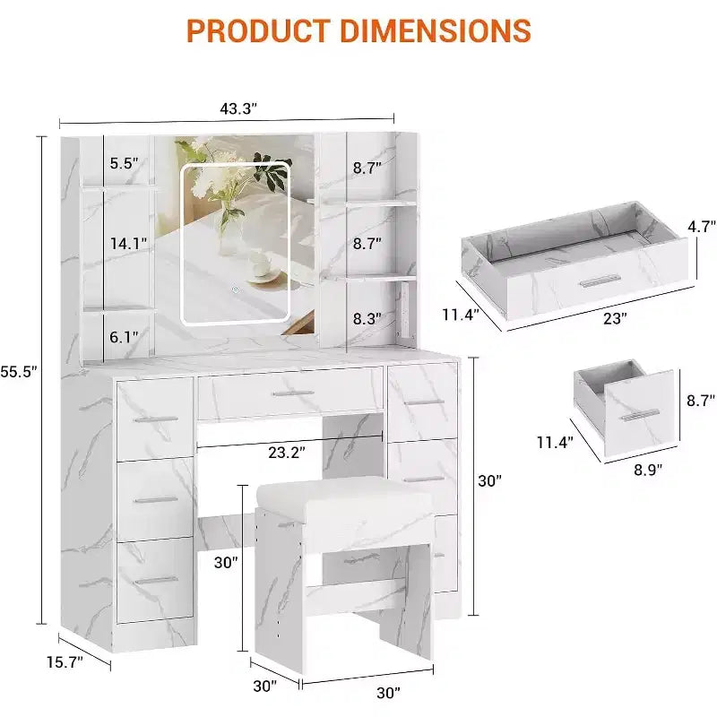Coiffeuse avec miroir et chaise, 7 tiroirs, support sèche-cheveux, pour chambre à coucher, maison