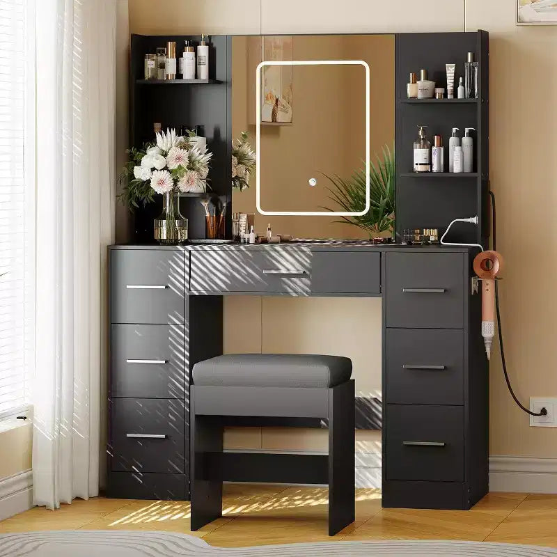 Makeup Vanity with Mirror and Chair, 7 Drawers, Hairdryer Holder, for Bedroom, Home