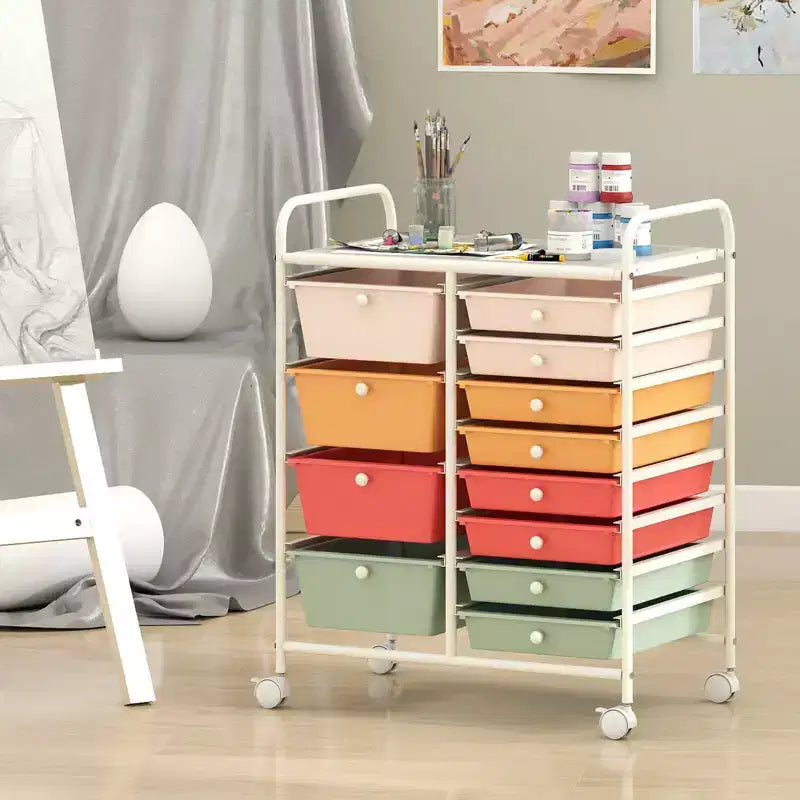 Costway Chariot de rangement roulant à 12 tiroirs amovibles avec roulettes verrouillables pour bureau Macaron Multicolore