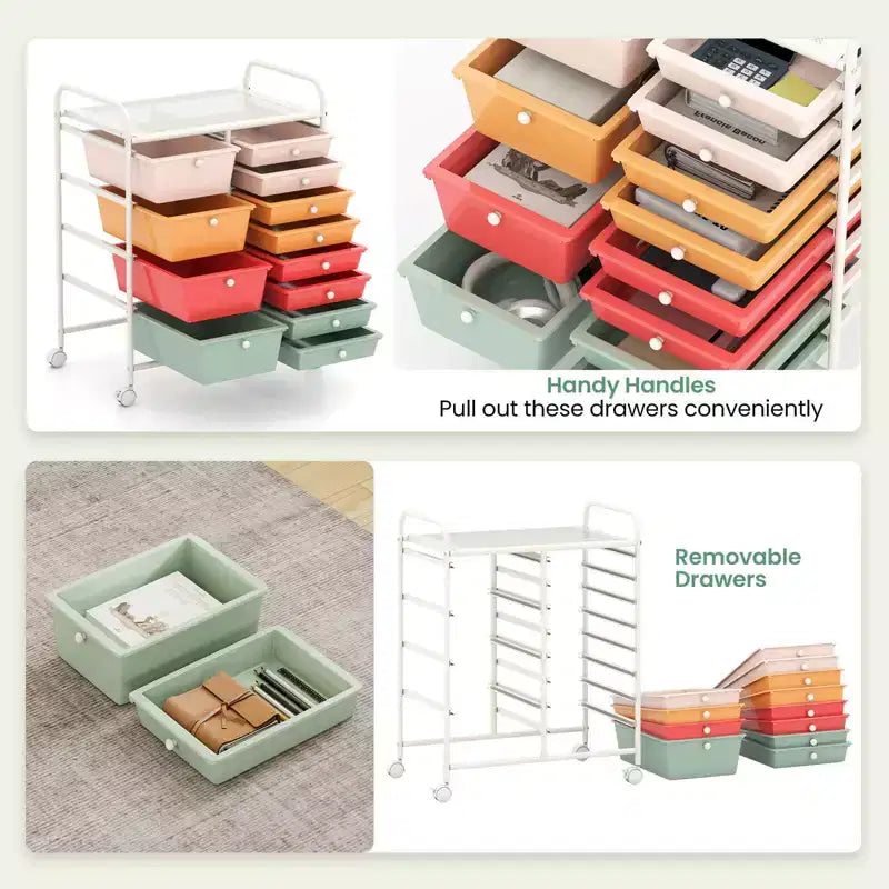 Costway Chariot de rangement roulant à 12 tiroirs amovibles avec roulettes verrouillables pour bureau Macaron Multicolore