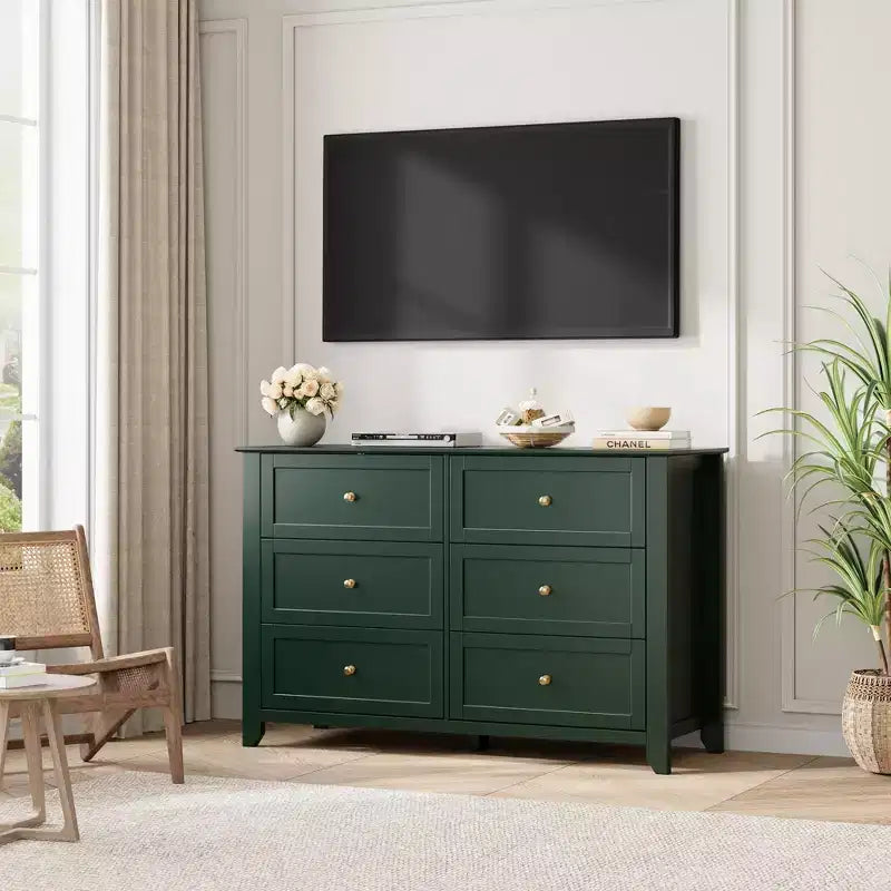 Commode à 6 tiroirs - Meuble de rangement en bois de 50 po de large avec poignées métalliques pour chambre, entrée et couloir