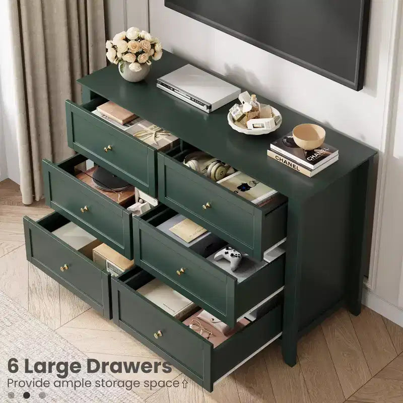 Commode à 6 tiroirs - Meuble de rangement en bois de 50 po de large avec poignées métalliques pour chambre, entrée et couloir